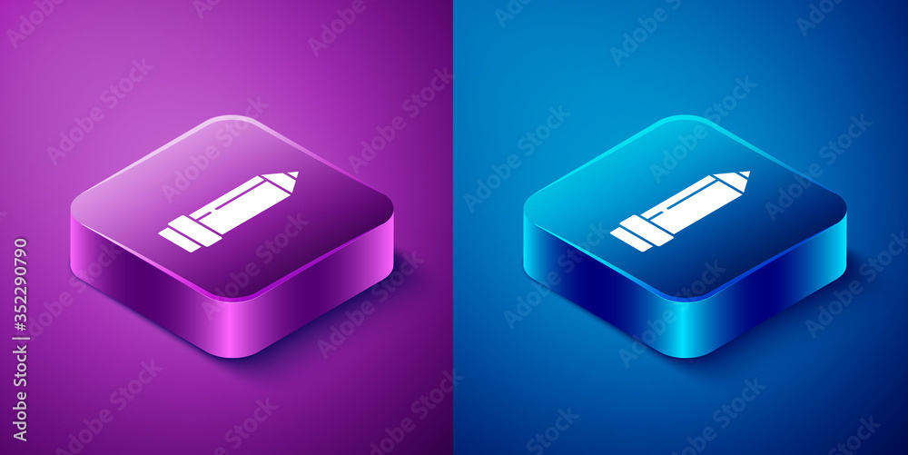 Isometric Pencil with eraser icon isolated on blue and purple background. Drawing and educational tools. School office symbol. Square button. Vector Isometric Pencil with eraser icon isolated on blue and purple background. Drawing and educational tools. School office symbol. Square button. Vector
