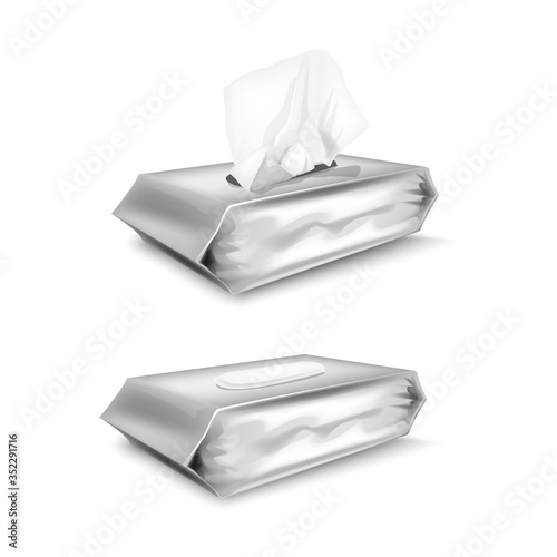 white package with disposable wet napkins. Vector wet wipes open and close