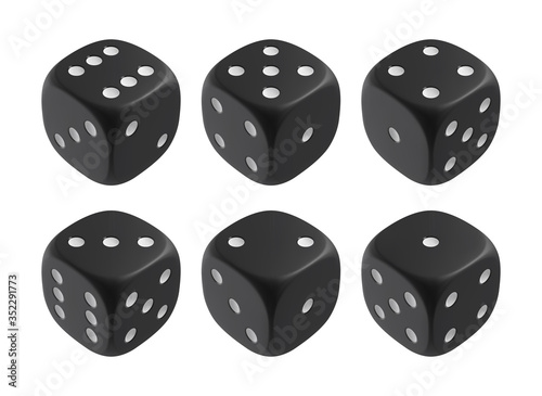 Realistic black dices. Casino and gambling design elements. Vector illustration.