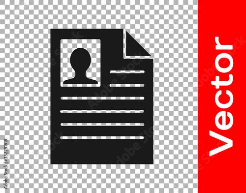 Black Resume icon isolated on transparent background. CV application. Searching professional staff. Analyzing personnel resume. Vector