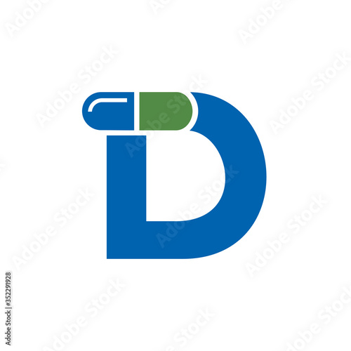 Letter D Pill or Capsule Logo Design. Initial Geometric Medicine Vector Graphic. 