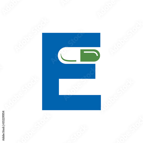 Letter E Pill or Capsule Logo Design. Initial Geometric Medicine Vector Graphic. 
