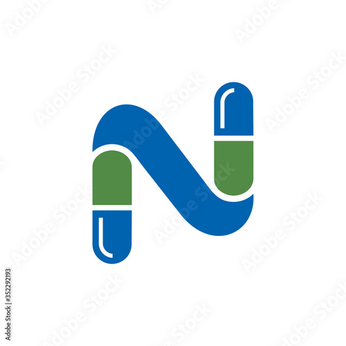 Letter N Pill or Capsule Logo Design. Initial Geometric Medicine Vector Graphic. 