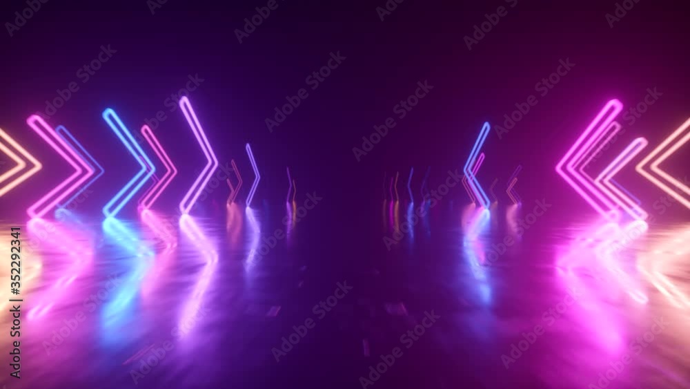 Fast flight in space with the direction of movement of the neon arrows. Abstract laser background. Seamless loop 3d render