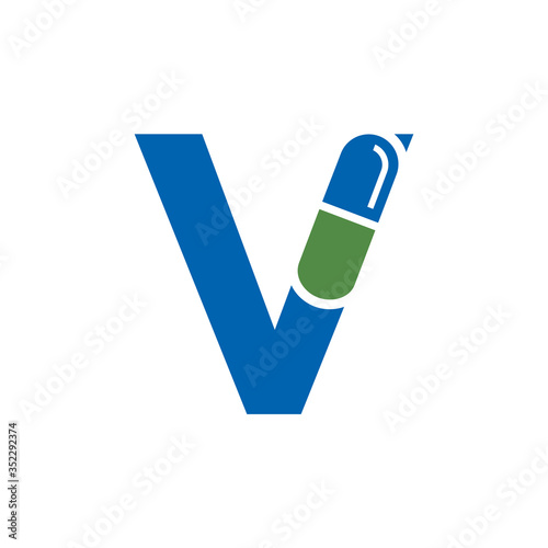 Letter V Pill or Capsule Logo Design. Initial Geometric Medicine Vector Graphic. 
