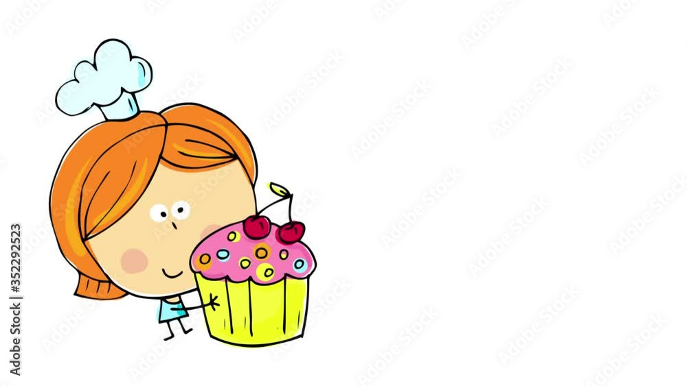 happy little female chef carrying big homemade cupcake with cream and a couple of cherries on top to a pastry fair hoping to win on a contest happy little female chef carrying big homemade cupcake with cream and a couple of cherries on top to a pastry fair hoping to win on a contest