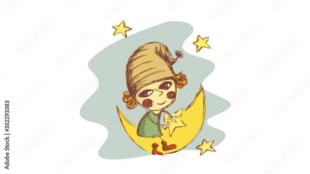 flickering drawing forming on abstract background with round red blush on the cheeks of an innocent girl with big eyes sitting on golden moon playing with star flickering drawing forming on abstract background with round red blush on the cheeks of an innocent girl with big eyes sitting on golden moon playing with star