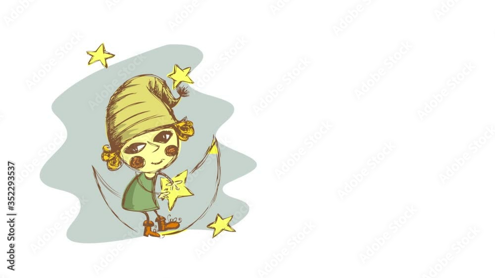 old fashion hand drawn scene of girl wearing big hat and boot like a leprechaun holding a golden star on a night sky with the moon near old fashion hand drawn scene of girl wearing big hat and boot like a leprechaun holding a golden star on a night sky with the moon near