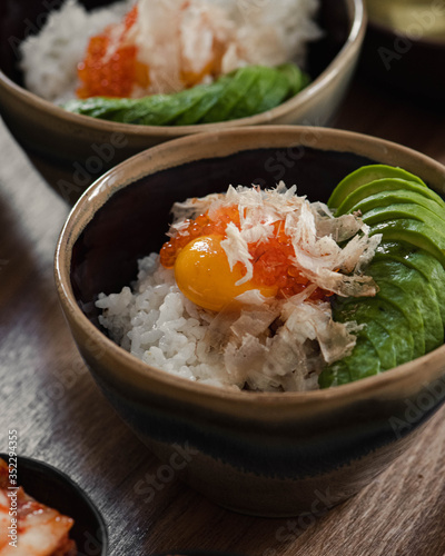 Japanese donburi, bowl of rice with toppings