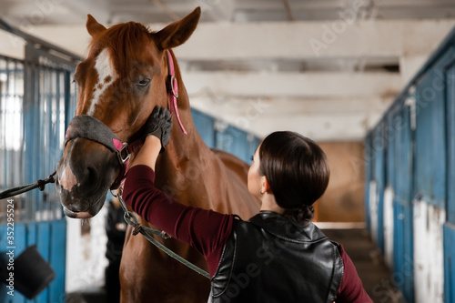 Canvastavla Woman groomer takes care of and combes hair horse coat after classes hippodrome