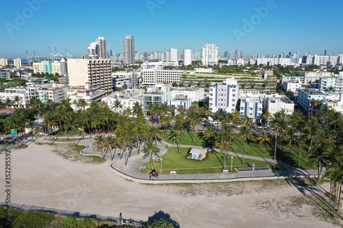 Aerial view of South Beach and Lummus Park in Miami Beach, Florida duing coronavirus beach, hotel, park and restaurant closures on sunny morning. photo