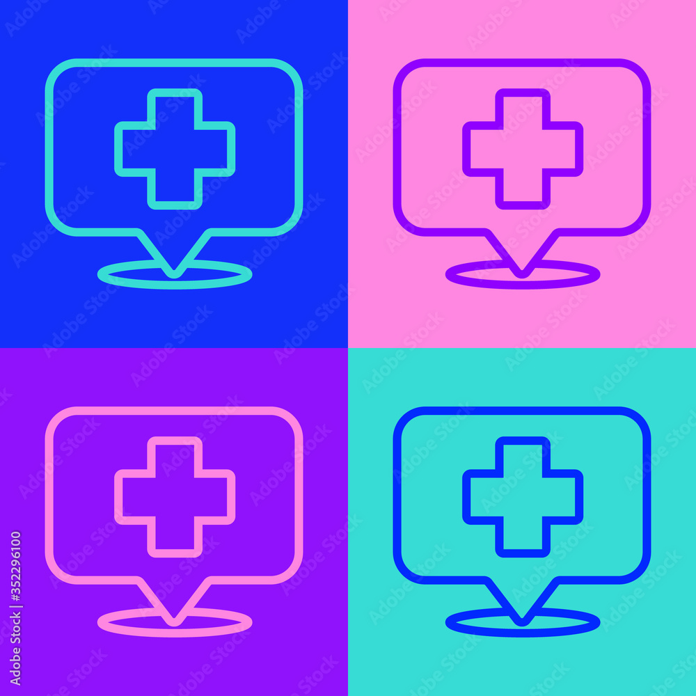 Obraz premium Pop art line Medical map pointer with cross hospital icon isolated on color background. Vector