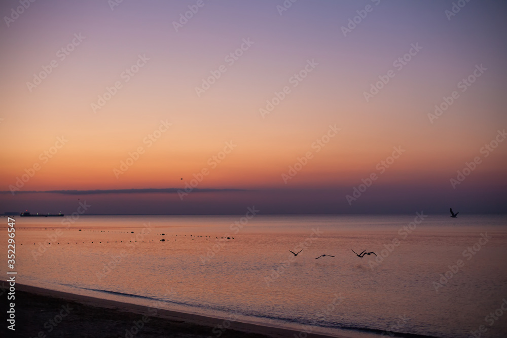 sunrise on the beach, fabulous color of the sky and the waves of the desert sea