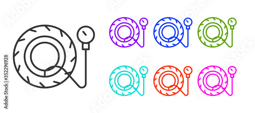 Black line Tire pressure gauge icon isolated on white background. Checking tire pressure. Gauge, manometer. Car safe concept. Set icons colorful. Vector