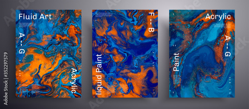 Abstract vector poster, texture set of fluid art covers. Trendy background that can be used for design cover, presentation and etc. Blue, orange and golden universal trendy painting backdrop