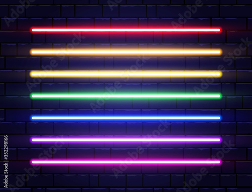 Neon lines collection on brick wall. Realistic led neon tube set. Rainbow borders. Bright design elements for advertising, night party, game, web. Shining night signboard. Vector illustration