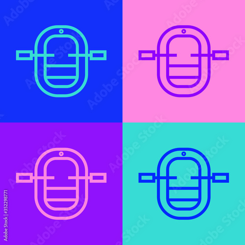 Pop art line Rafting boat icon isolated on color background. Inflatable boat with paddles. Water sports, extreme sports, holiday, vacation. Vector