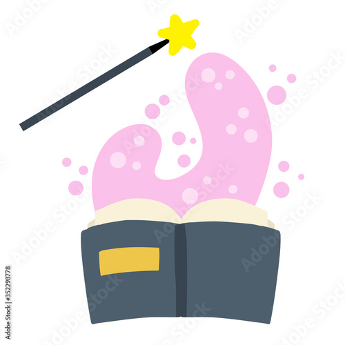 Open book. Blue cover. Magic of Reading and imagination. Witchcraft, wand and children illustration. Flat cartoon. Magical narratives and fairy tales