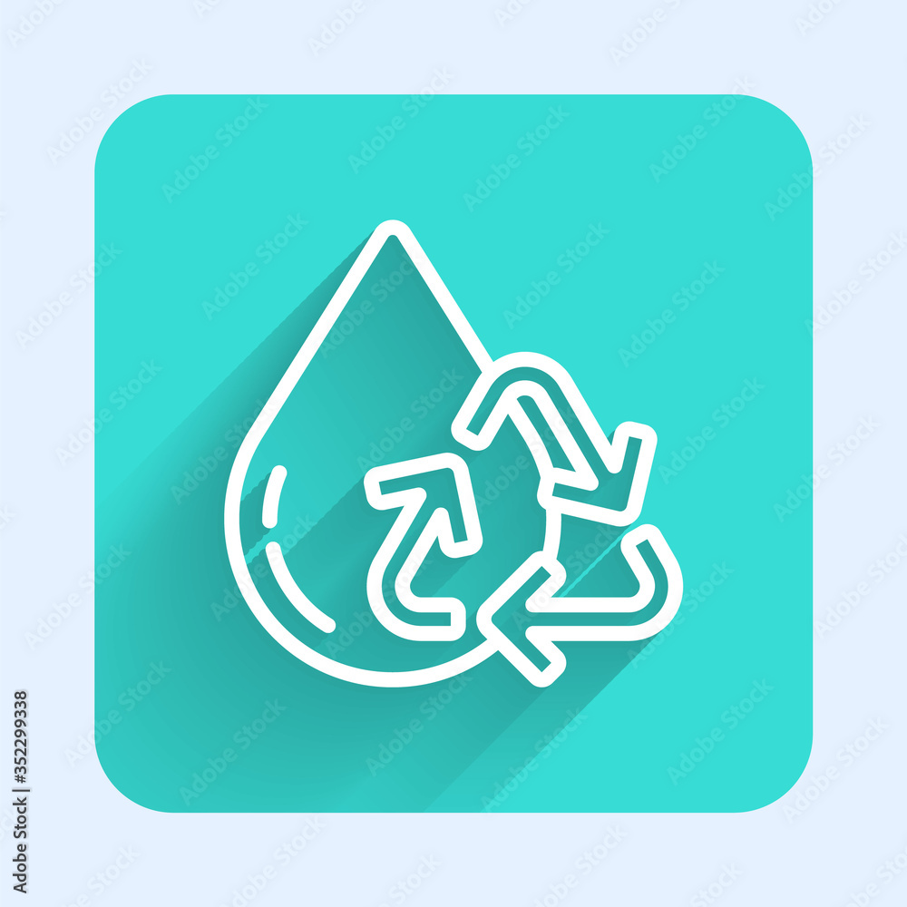 White line Recycle clean aqua icon isolated with long shadow. Drop of water with sign recycling. Green square button. Vector White line Recycle clean aqua icon isolated with long shadow. Drop of water with sign recycling. Green square button. Vector