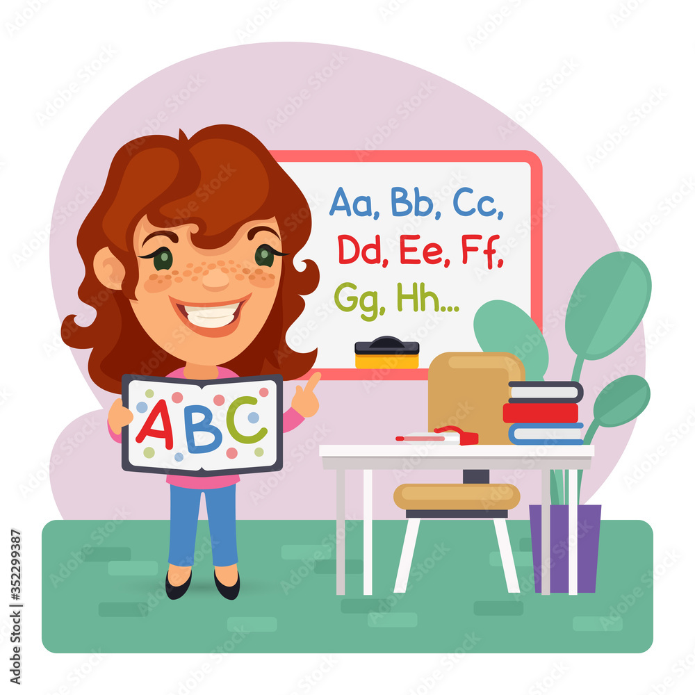 Cartoon children's English teacher in the class shows on a blackboard with the alphabet. Composition with a professional. Flat female character. Cartoon children's English teacher in the class shows on a blackboard with the alphabet. Composition with a professional. Flat female character.