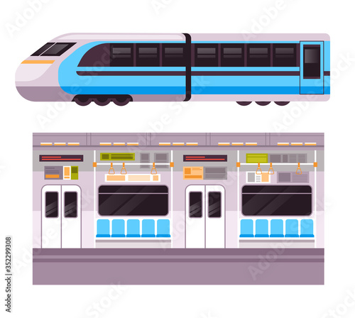 Train outside and inside isolated set. Vector flat graphic design cartoon illustration