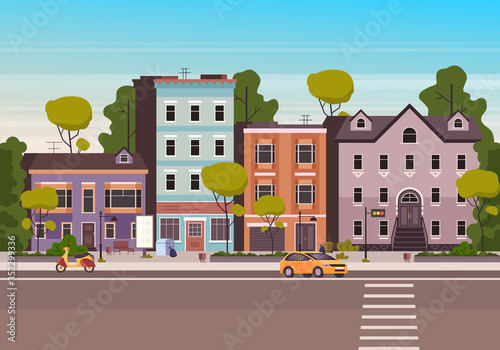 Small city town street concept. Vector flat graphic design cartoon illustration