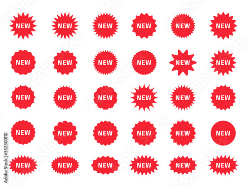 Set of new arrival price stickers. Star burst promo boxes. Vector discount stamps. Red tag product labels. Circle, round splash badges. Set of sunburst shapes. Flat illustration.