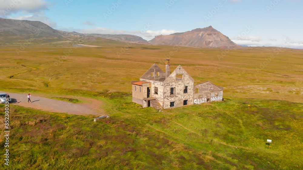 Dagverdara, West Iceland. Aerial view of ruins from drone