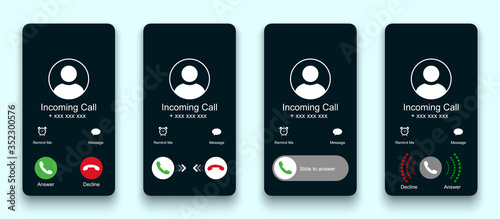 Mobile call screen template. Call screen smartphone interface mockup. Phone mockup contact with handset icon, flat person icon, take a phone, incoming call, answer and decline phone call buttons photo