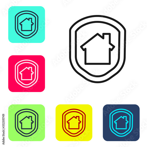 Black line House under protection icon isolated on white background. Home and shield. Protection  safety  security  protect  defense concept. Set icons in color square buttons. Vector