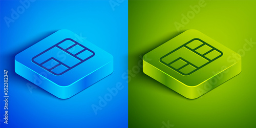 Isometric line Credit card with chip icon isolated on blue and green background. Contactless payment. Square button. Vector