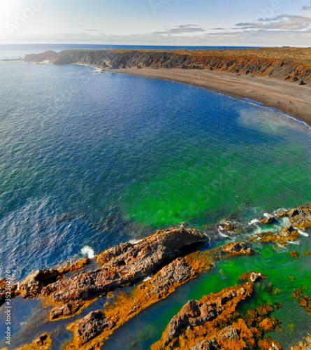 Amazing aerial view of Djupalonssandur coastline, Iceland in summer season