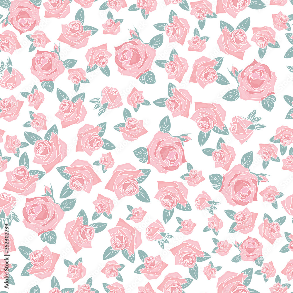 pink rose morden flower leaf allover white background design pink rose morden flower leaf allover white background design