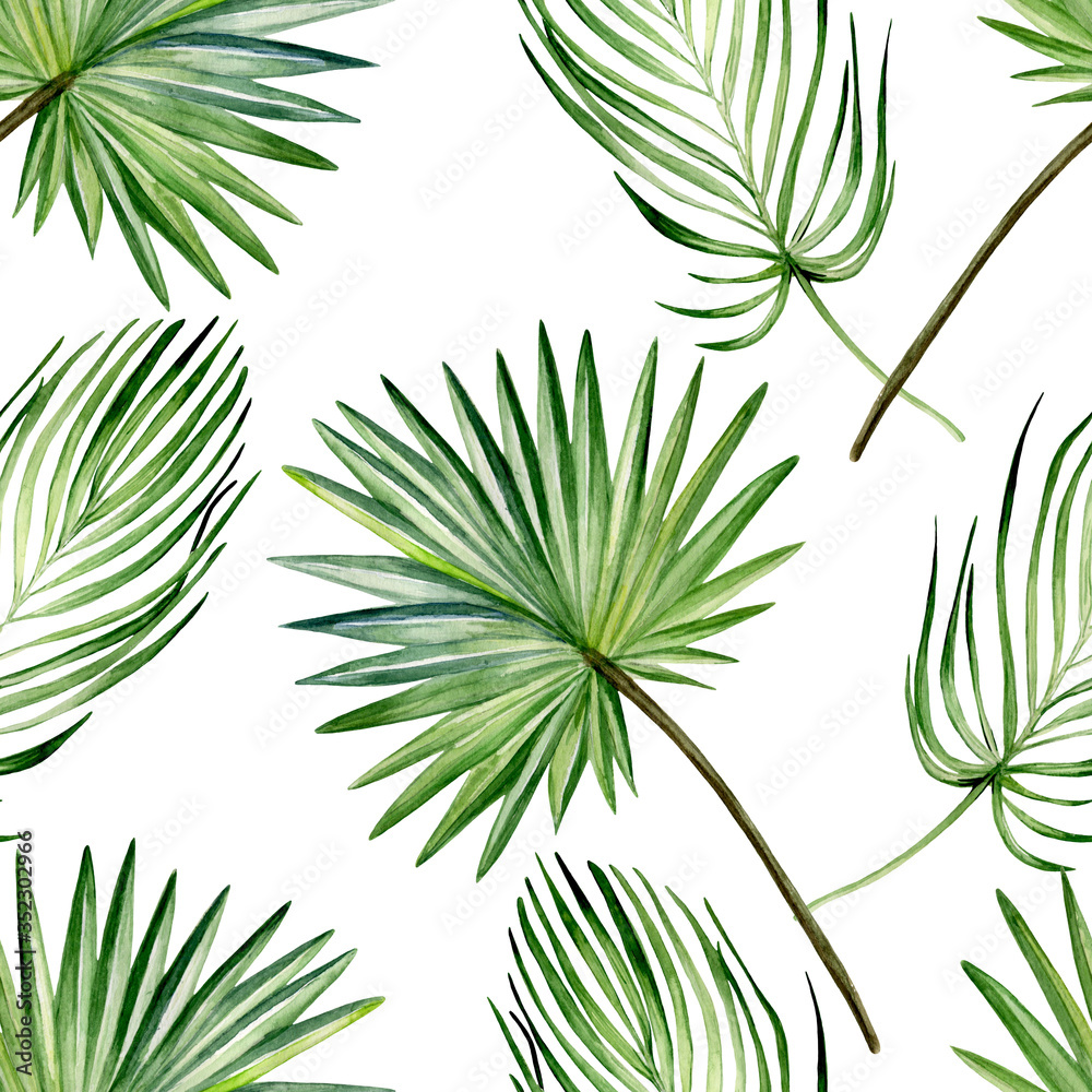 Watercolor hand painted seamless pattern with palm leaves on white background. Mnimalistic tropical pattern for trendy design.