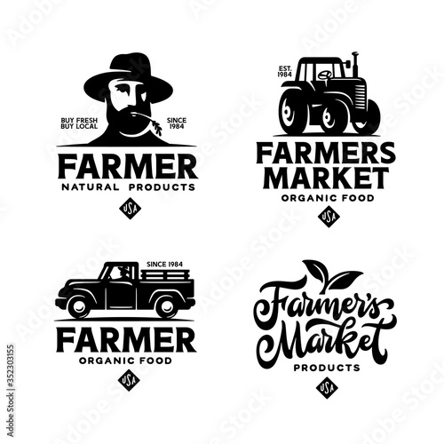 Farmers market labels emblems badges set. Vector vintage illustration.