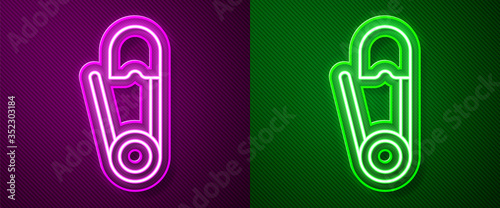 Glowing neon line Classic closed steel safety pin icon isolated on purple and green background. Vector Illustration
