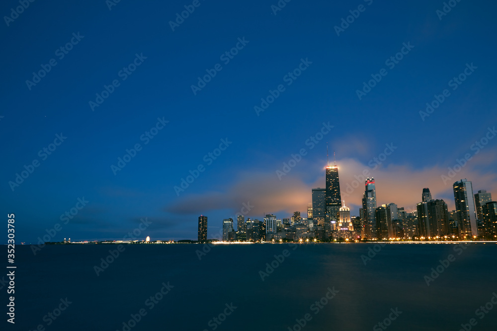 Chicago, Il / USA - May 6, 2015: The view of Downtown and lake in middle of the night