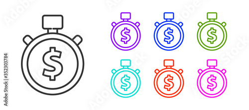 Black line Time is money icon isolated on white background. Money is time. Effective time management. Convert time to money. Stopwatch. Set icons colorful. Vector Illustration