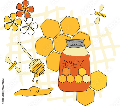 sweet honey placement print vector illustration surface design with honey honeybees flowers and honeycombs