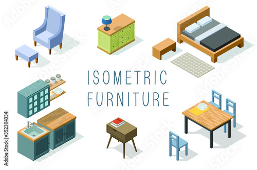 Vector isometric apartment furniture set, interior room  elements 
