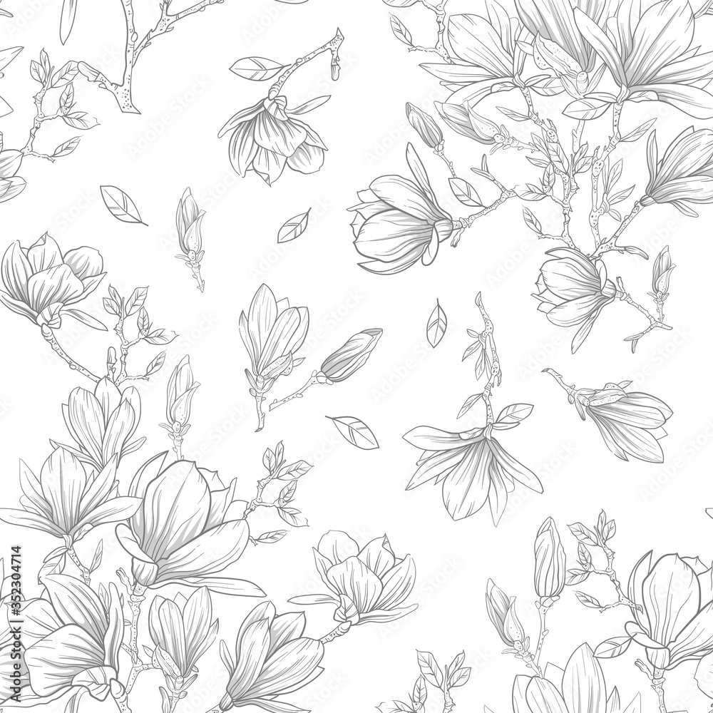 Flowers seamless pattern. Outline, black and white