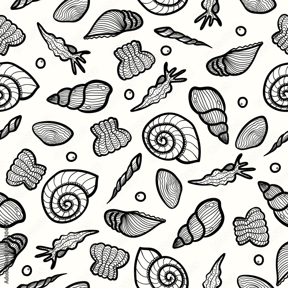 vector black ethnic sea shells lines seamless pattern on white vector black ethnic sea shells lines seamless pattern on white