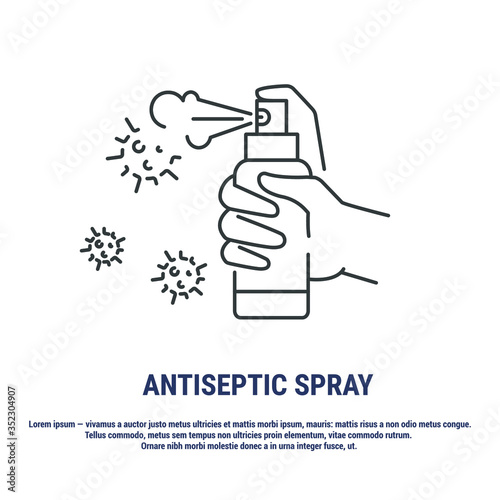 Vector graphic. Line, outline design icon on a white background. Spray for disinfection of surfaces. Antiseptic spray for the treatment of hands. Disinfectant. Editable Stroke. Symbol, sign.