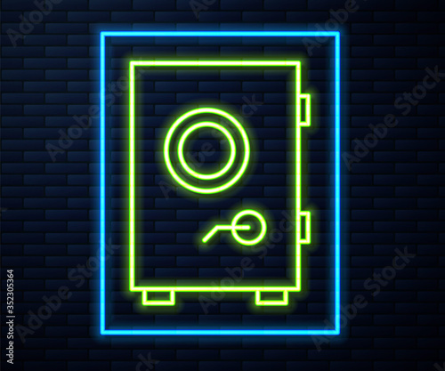 Glowing neon line Safe icon isolated on brick wall background. The door safe a bank vault with a combination lock. Reliable Data Protection. Vector Illustration