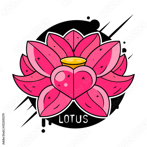 Black Silhouette Outline Lotus nelumbo , Isolated On White. Vector Tattoo