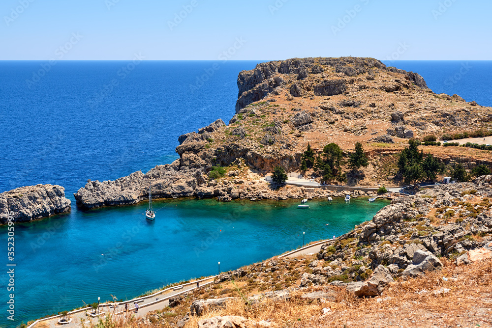 Scenic landscape of Lindos Bay. Rhodes island, Greece