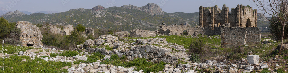 Panoramic view of the Aspendos, ancient city near Antalya, Southern Turkey.