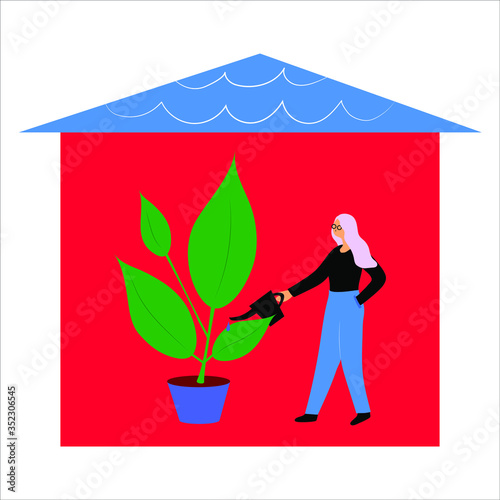 Woman watering plants and staying at home during coronavirus pandemic. Stay home and stay safe with social distancing. 