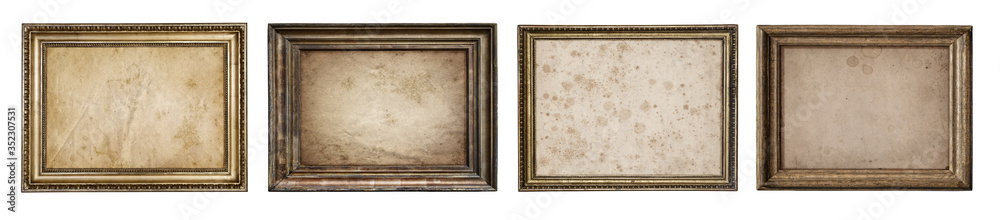 Collection of old wooden frames with canvas isolated on a white background. Artistic canvas and frames design element on the theme of art, creativity, painting, photography.  - obrazy, fototapety, plakaty 