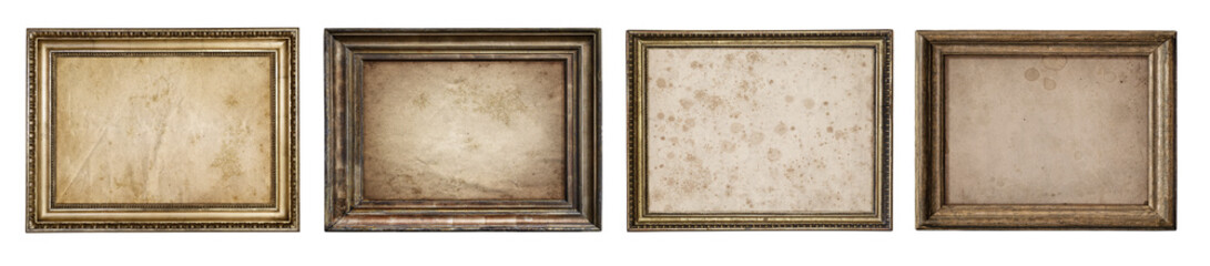Collection of old wooden frames with canvas isolated on a white background. Artistic canvas and frames design element on the theme of art, creativity, painting, photography. 